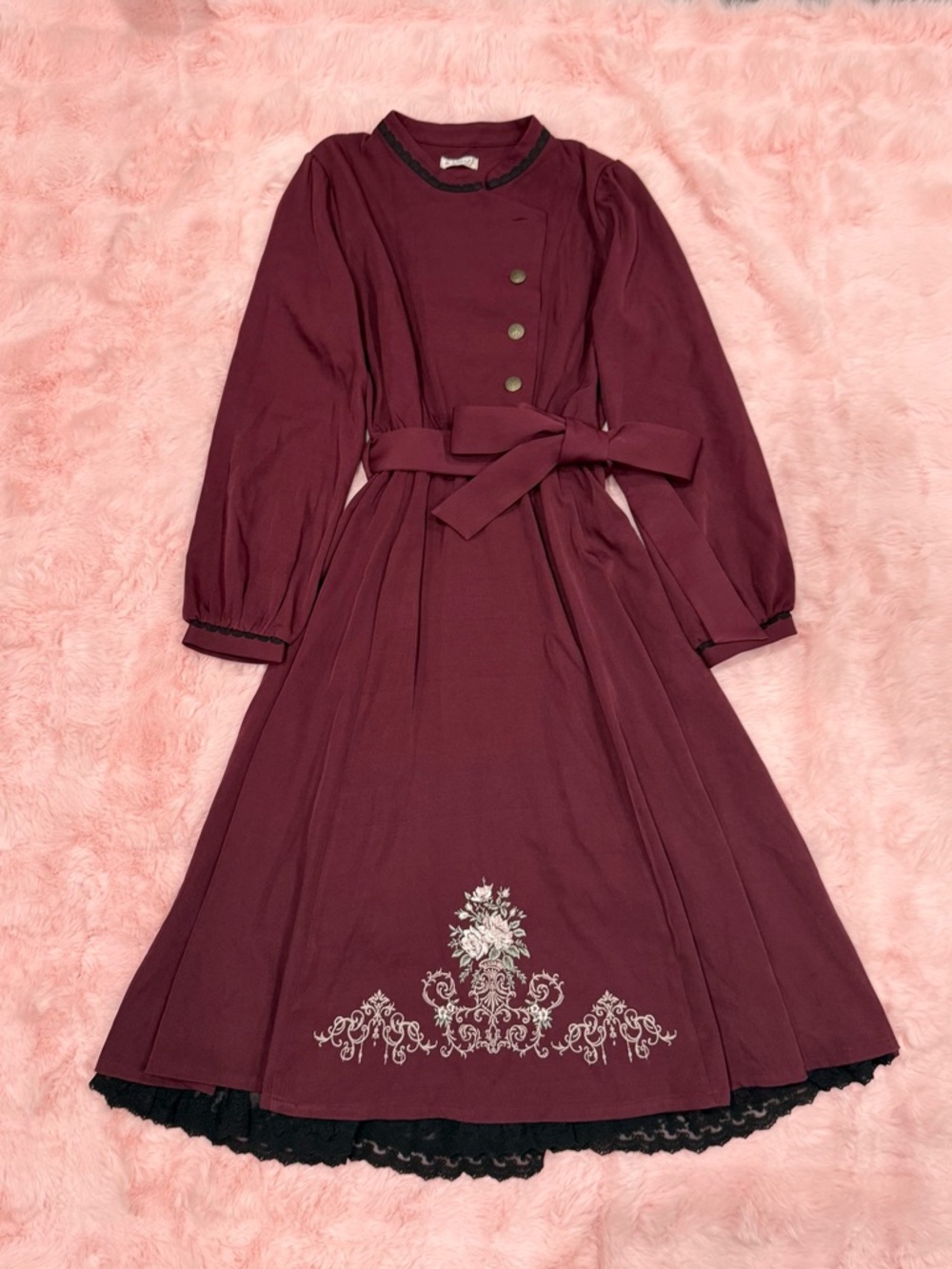 Axes Femme Midi Burgundy Red Embroidered Long Sleeve Dress